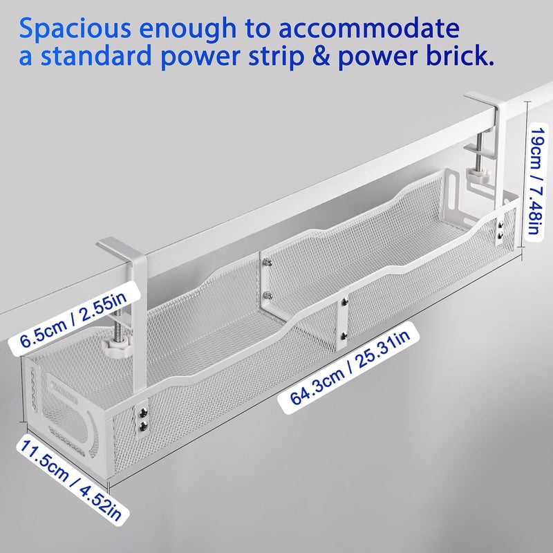 QUELIEN Under Desk Cable Management Box 25.3 Inch – Clamp-Mounted Cable Organizer Tray, Large Cord Management Box for Office & Home, Wire Organizer Under Desk Storage, White - Image 4